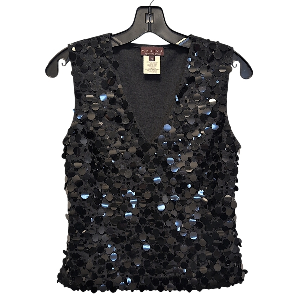Vintage Marina Bresler Large Circle Sequin Tank Black Rave Retro Party M